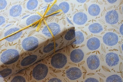 REGARO PAPIRO / Wrapping Paper -Round Flowers /Blue x Ocher [5 sheets]